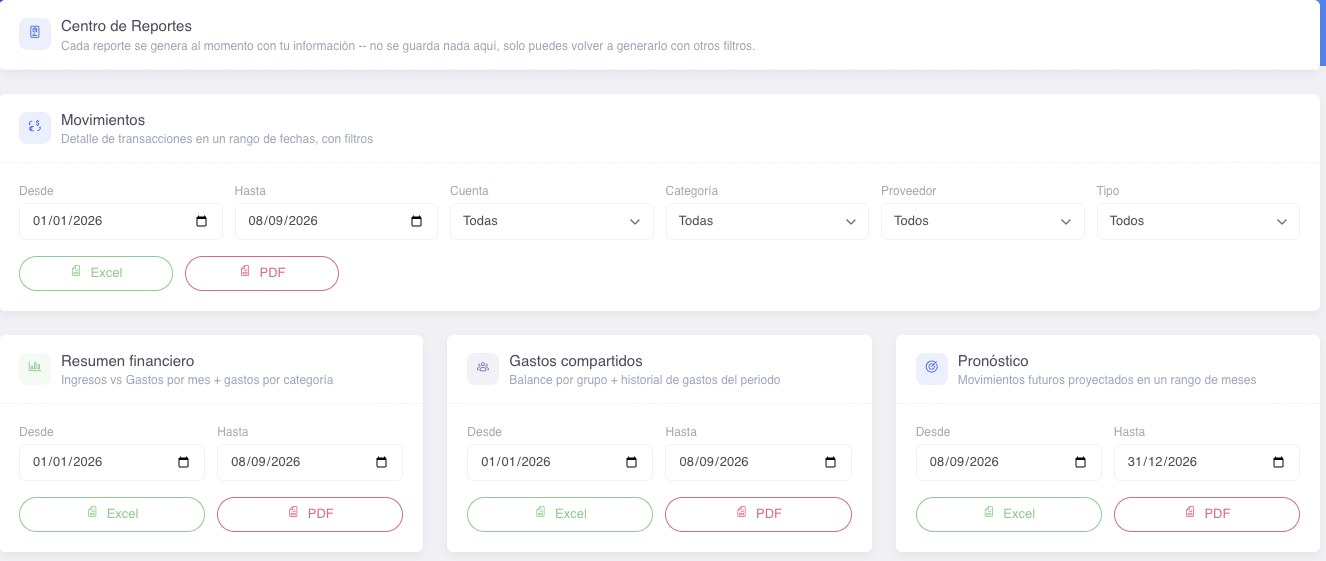 Centro de Reportes de En Qué Gasto Mi Dinero: filtros por fecha, cuenta y categoría, con exportación a Excel y PDF